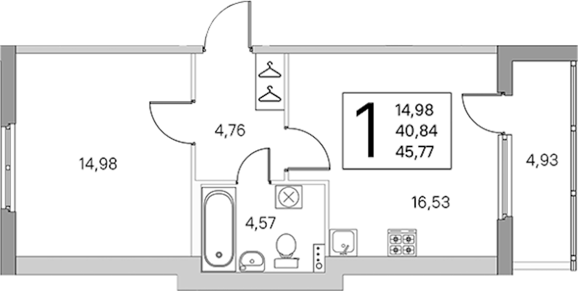1-комнатная квартира 43.31 м², 3/4 эт., ЖК «Любоград в Стрельне»
